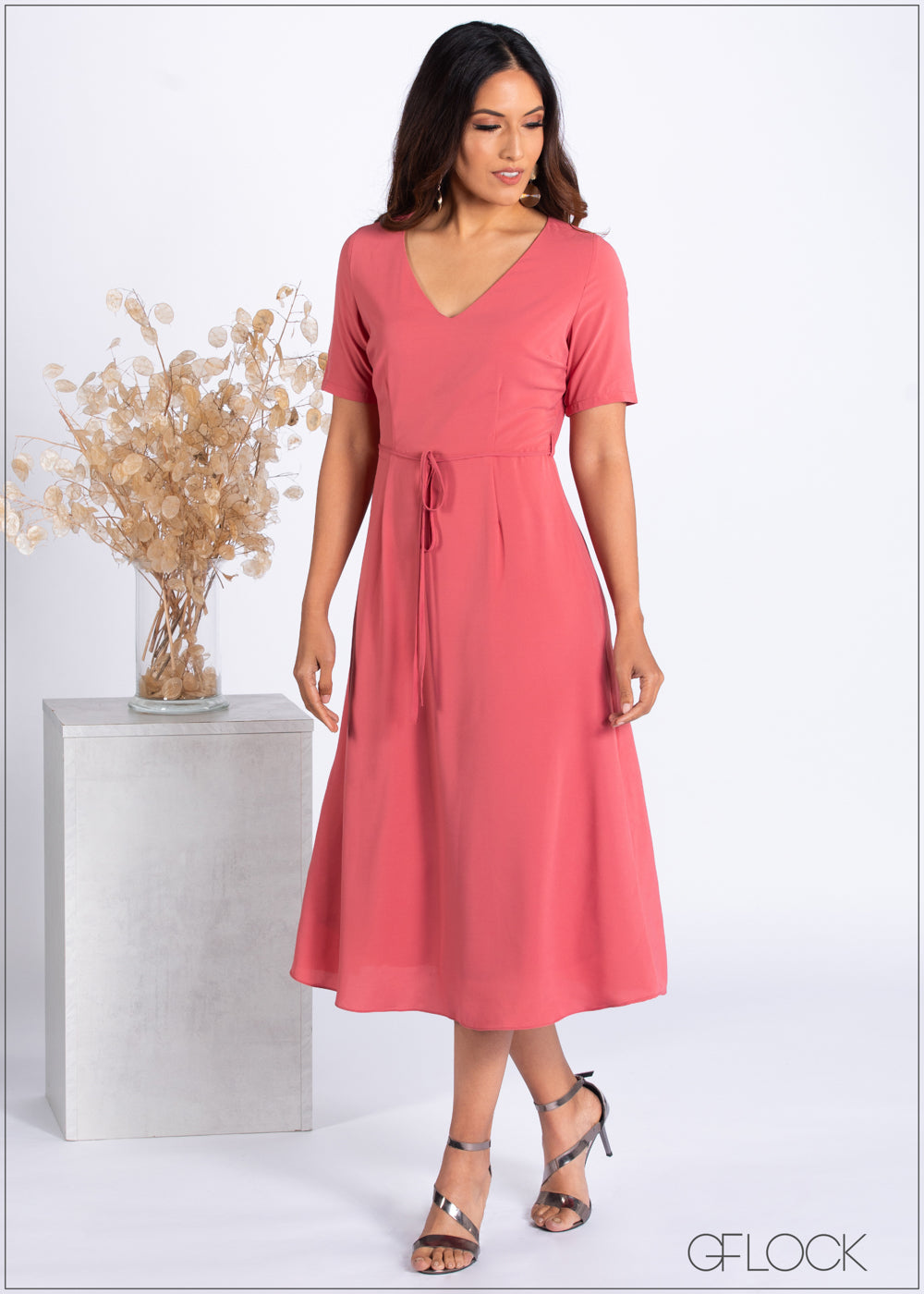 Mock Wrap Midi Dress With Waist Tie ...